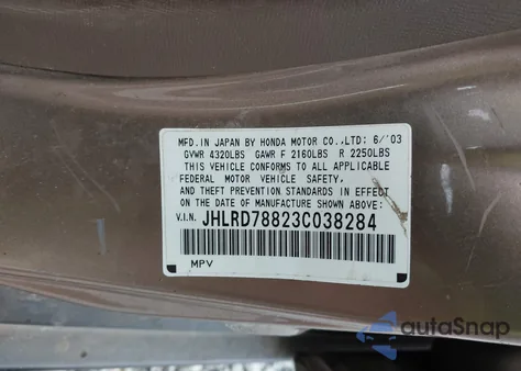2003 Honda Cr-V Ex from USA, damaged, VIN JHLRD78823C038284